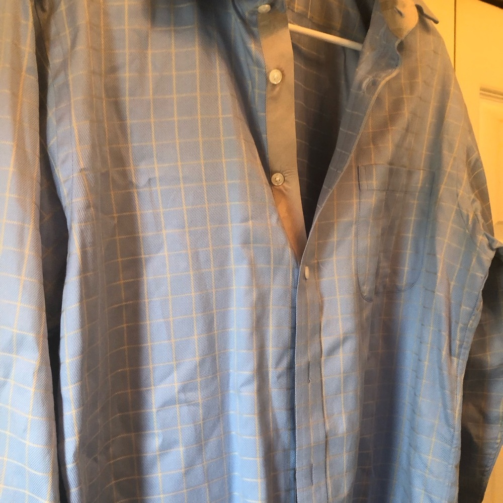 Paul Fredrick Light Blue Windowpane Dress Shirt with Beige Trim